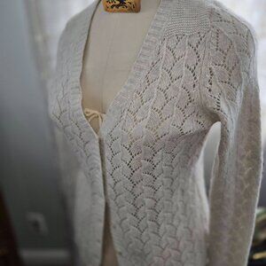 LL Bean off white lace knit button front Vneck cardigan wool rabbit hair blend